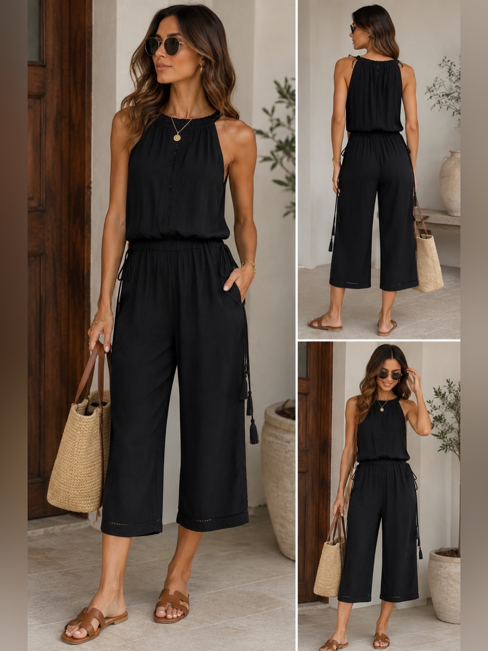 SEAFOLLY Black Silk Blend Wide Leg Jumpsuit Tassel Drawstring Sleeveless Size S